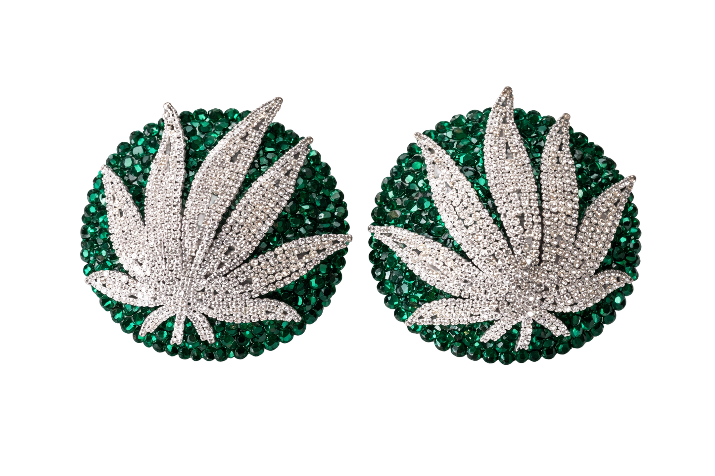 The Viva La Bombshell Burlesque 420 Pasties feature round, emerald green rhinestones with sparkling silver rhinestone pot leaf designs on each, displayed against a white background.