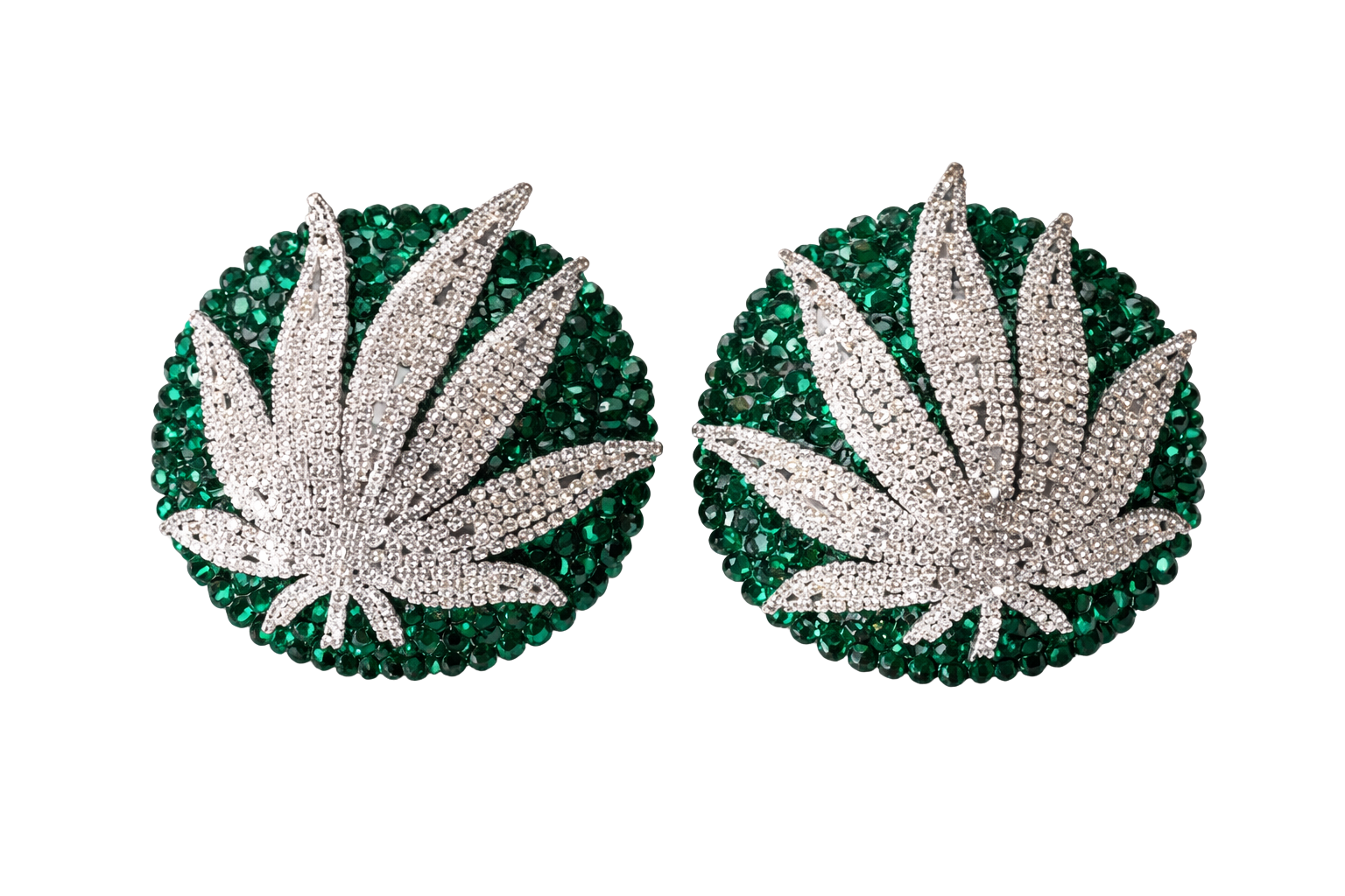 The Viva La Bombshell Burlesque 420 Pasties feature round, emerald green rhinestones with sparkling silver rhinestone pot leaf designs on each, displayed against a white background.