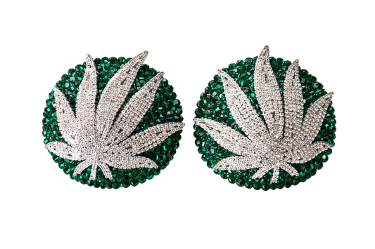 The Viva La Bombshell Burlesque 420 Pasties feature round, emerald green rhinestones with sparkling silver rhinestone pot leaf designs on each, displayed against a white background.