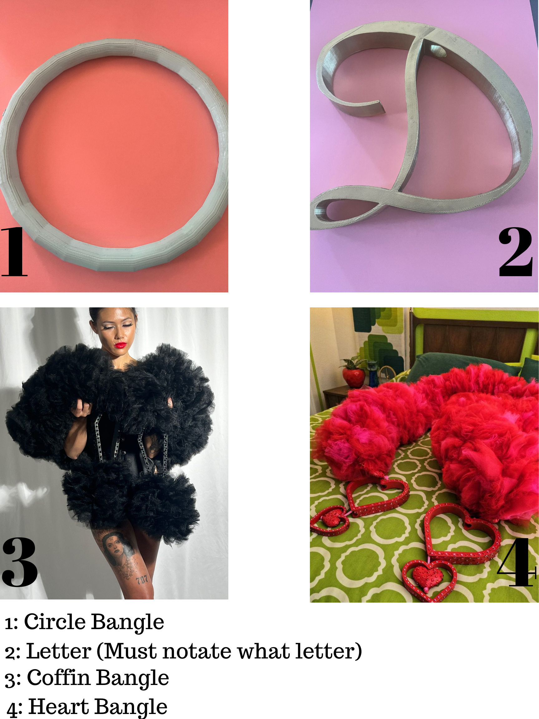 A collage featuring Viva La Bombshell Burlesque’s The Devine - Tulle Boa, a silver circle bangle, a D-shaped silver bangle on pink, and red heart-shaped bangles with attachment details on green patterned fabric.