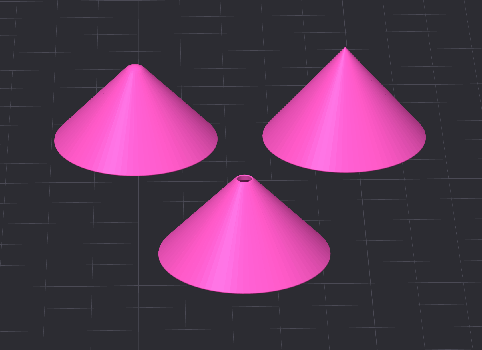 3 pink renderings of the 3 types of pastie STL files, rounded, pointy and spinner (with a hole)