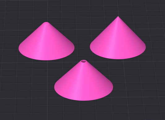 3 pink renderings of the 3 types of pastie STL files, rounded, pointy and spinner (with a hole)