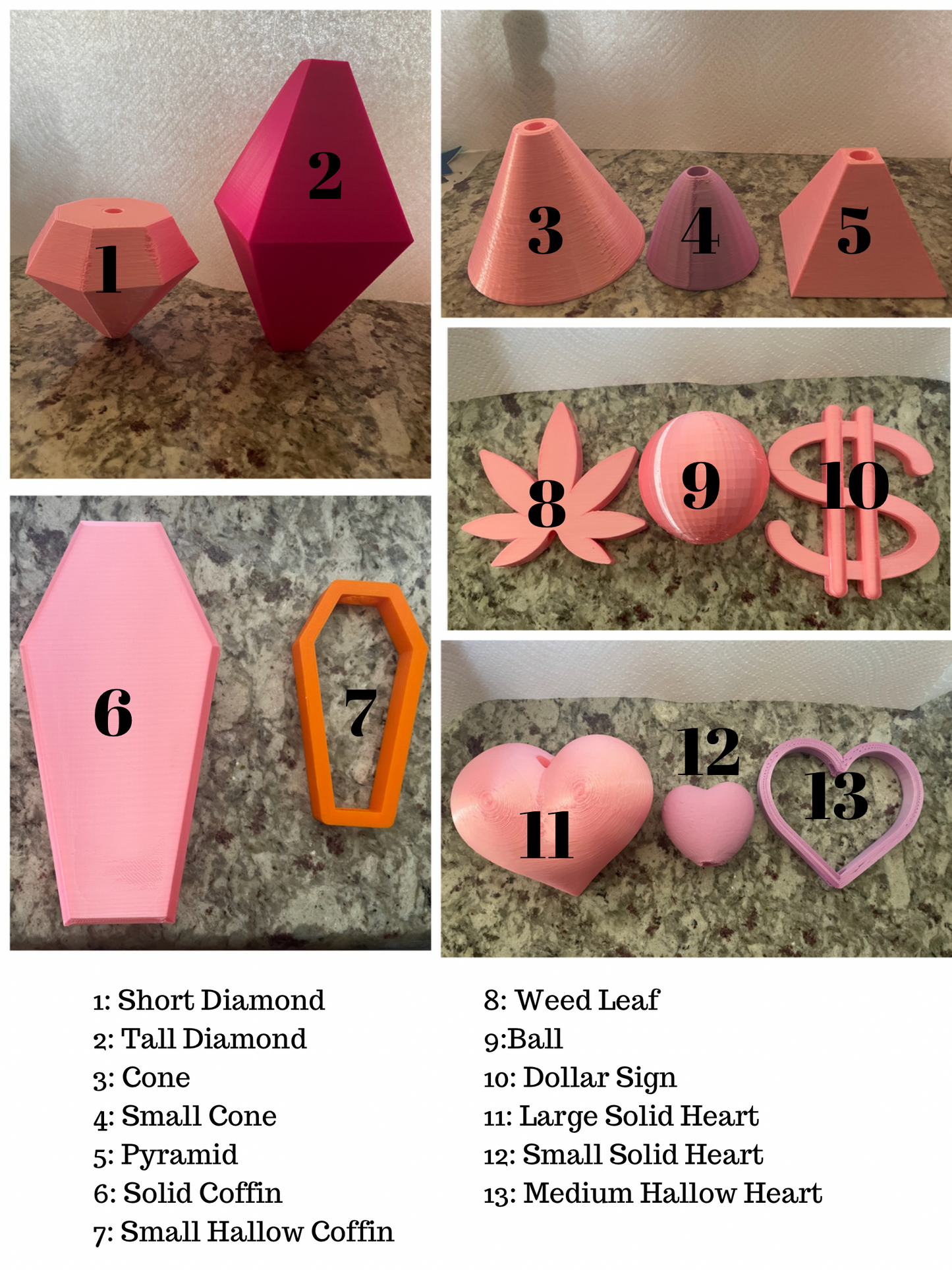 A collage of 3D-printed Boa Charms by Viva La Bombshell Burlesque—diamonds, cones, coffins, a weed leaf, ball, dollar sign, hearts (some custom painted)—all numbered to match names and descriptions below the images.