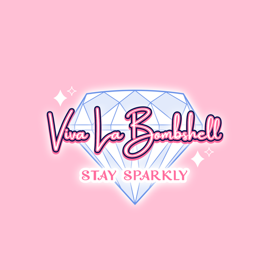 The image shows a blue diamond outline on a pink background with "Viva La Bombshell" in bold, cursive font and "Stay Sparkly" beneath, accented by white sparkles—ideal for a Viva La Bombshell Burlesque Digital Gift Card.