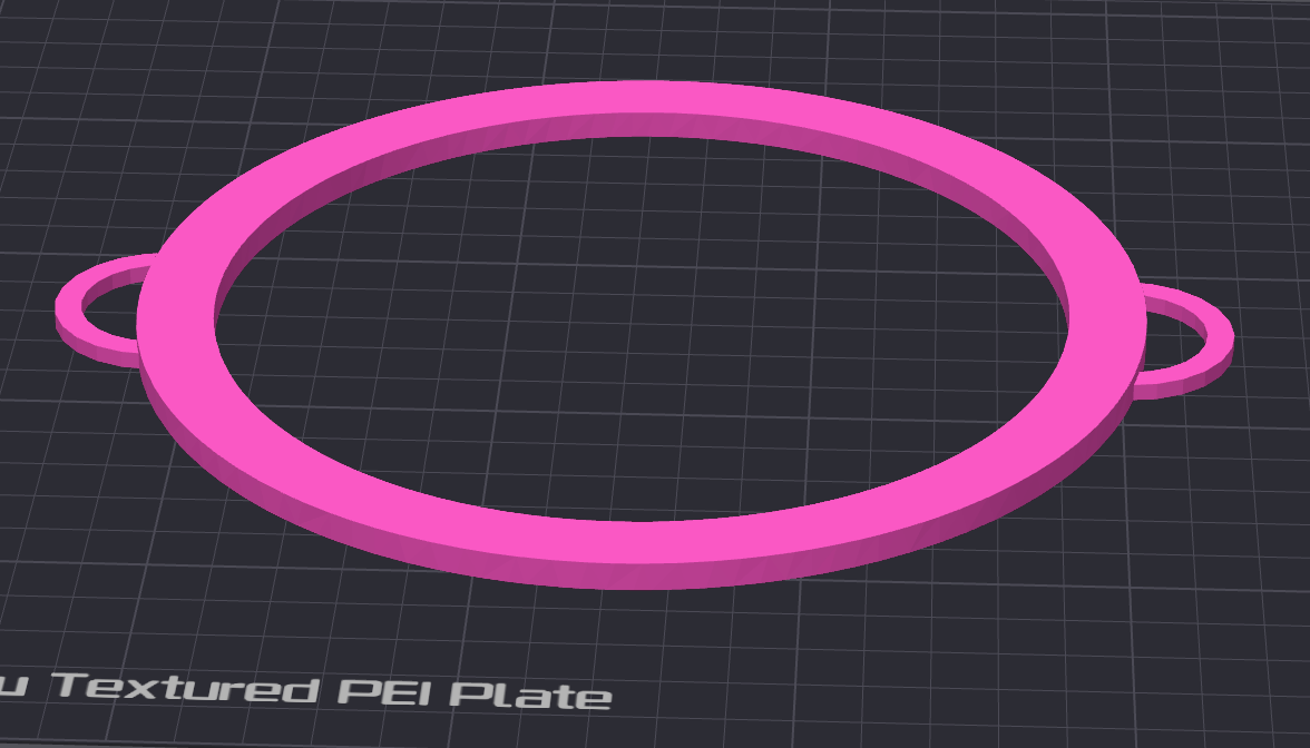 The Circle Boa Bangle STL File (Digital Download) by Viva La Bombshell Burlesque features a pink circular ring with small handles on both sides, shown on a grid background. The textured PEI plate is partially visible at the bottom.