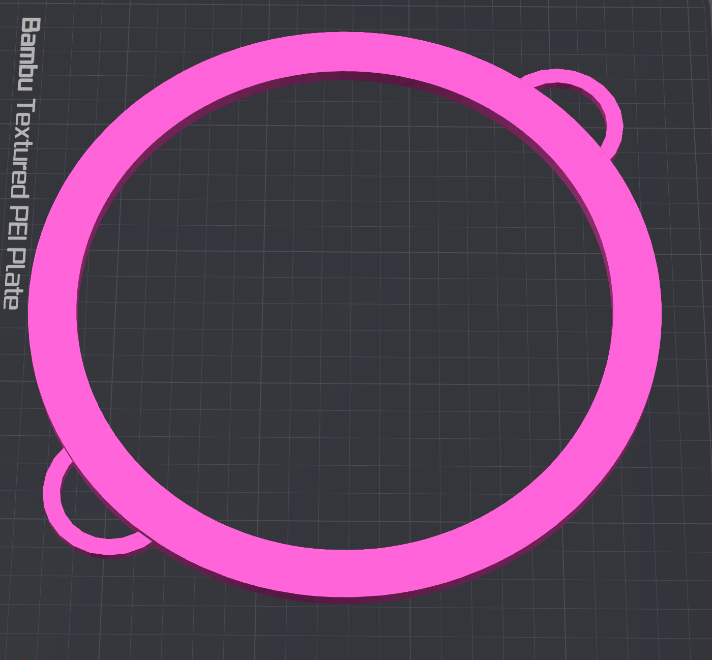 The Viva La Bombshell Burlesque Circle Boa Bangle STL File (Digital Download) is a bright pink 3D printable ring with two small handles, displayed on a dark grid background labeled "Bambu Textured PEI Plate" along the left edge.