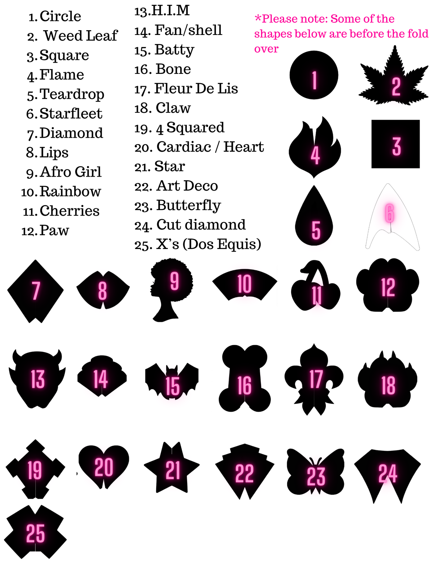 A chart of 25 black silhouette shapes from Viva La Bombshell Burlesque’s DIY Pastie Base (Plain Bases), each numbered in pink and labeled (e.g., circle, butterfly)—perfect for creating vinyl bases, rhinestone pasties, or tassel accessories. Some shapes partially shown.