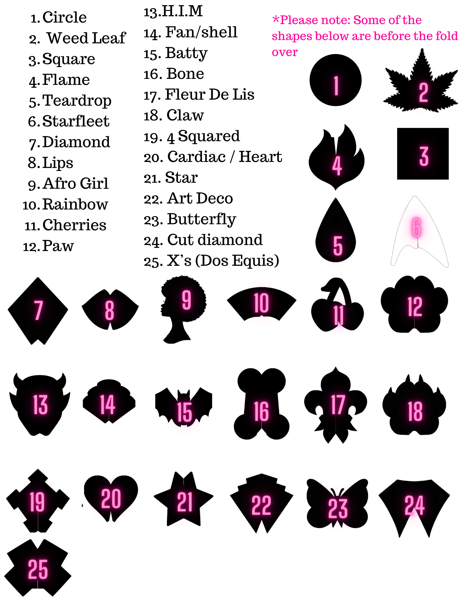 A chart of 25 black silhouette shapes from Viva La Bombshell Burlesque’s DIY Pastie Base (Plain Bases), each numbered in pink and labeled (e.g., circle, butterfly)—perfect for creating vinyl bases, rhinestone pasties, or tassel accessories. Some shapes partially shown.