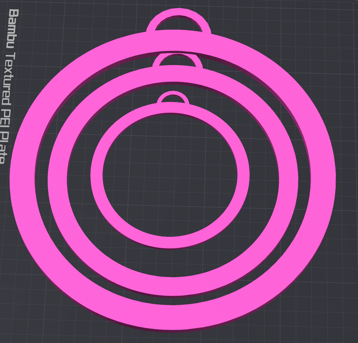 The Circle Boa Bangle STL File by Viva La Bombshell Burlesque features four concentric pink rings with tabs, arranged on a dark grid. This 3D printable digital download is perfect for use with Bambu Textured PEI Plate.