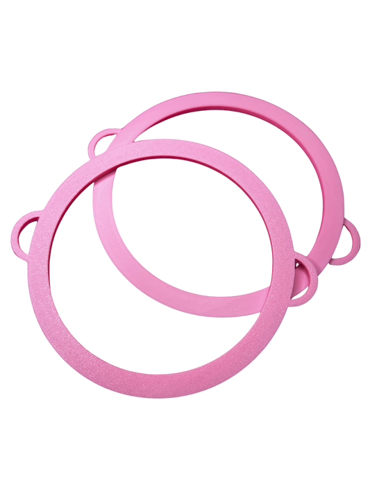 Two Circle Bangle - Boa Attachment bracelets by Viva La Bombshell Burlesque, in pink plastic with side handles, overlap on a white background for a bold, statement jewelry look like modern 3D-printed bangles.