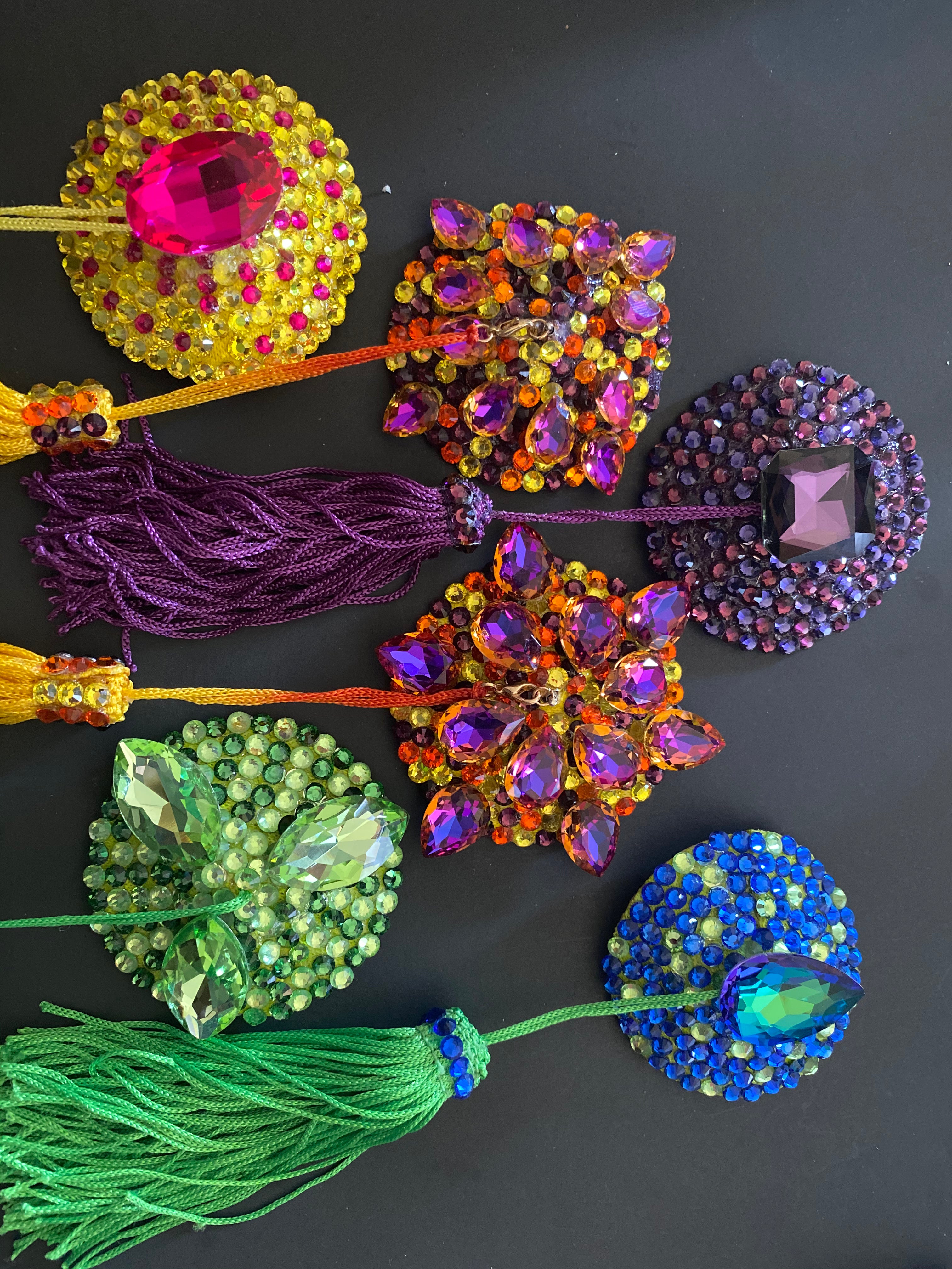 Handmade rhinestone pasties with tassels in bold jewel tones - viva la bombshell burlesque accessories 
