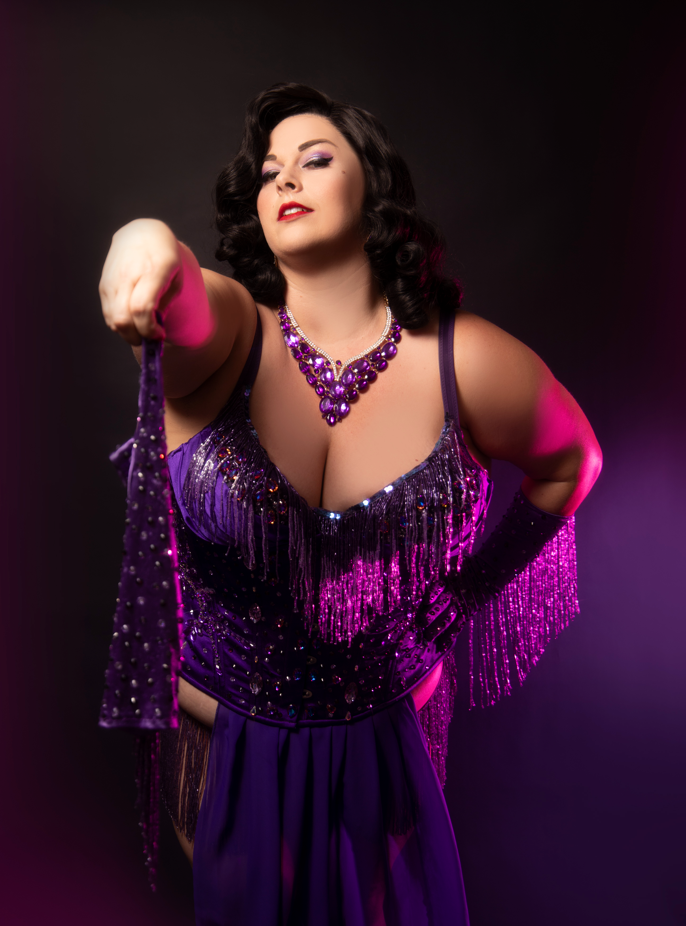 Sheba Queen of the night in purple fringe burlesque costume - Viva La bombshell burlesque performance accessories 