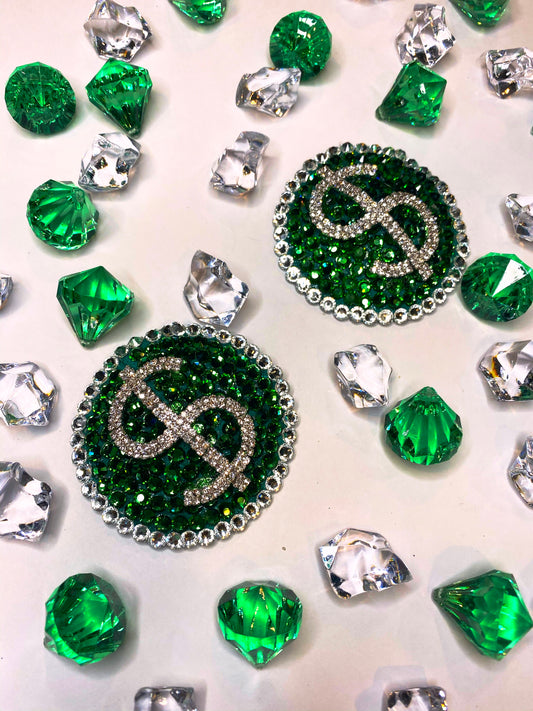 Emerald Green pasties, clear rhinestone around the edge and a clear rhinestone dollar sign in the middle of the pastie. 