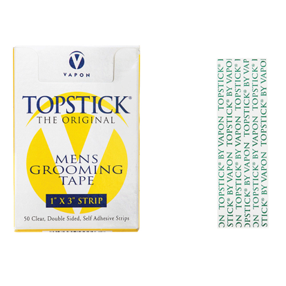A box of Pastie Tape (TopStick) by Viva La Bombshell Burlesque is shown, labeled as 1 inch by 3 inch strips. Next to it are transparent tape strips with green text that says TOPSTICK BY VAPON.